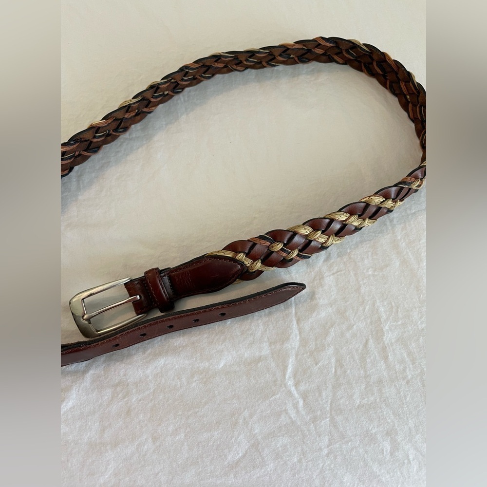 Brighton Brown Tan Woven Braid Leather Belt B3607 Sz 38 Silver Buckle Western